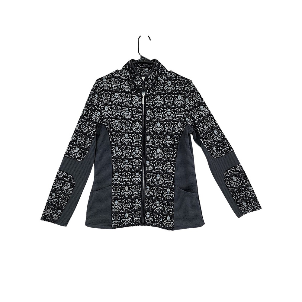 Sahalie Full Zip Jacket M Black Damask Textured Mixed Media Mock Neck Athleisure